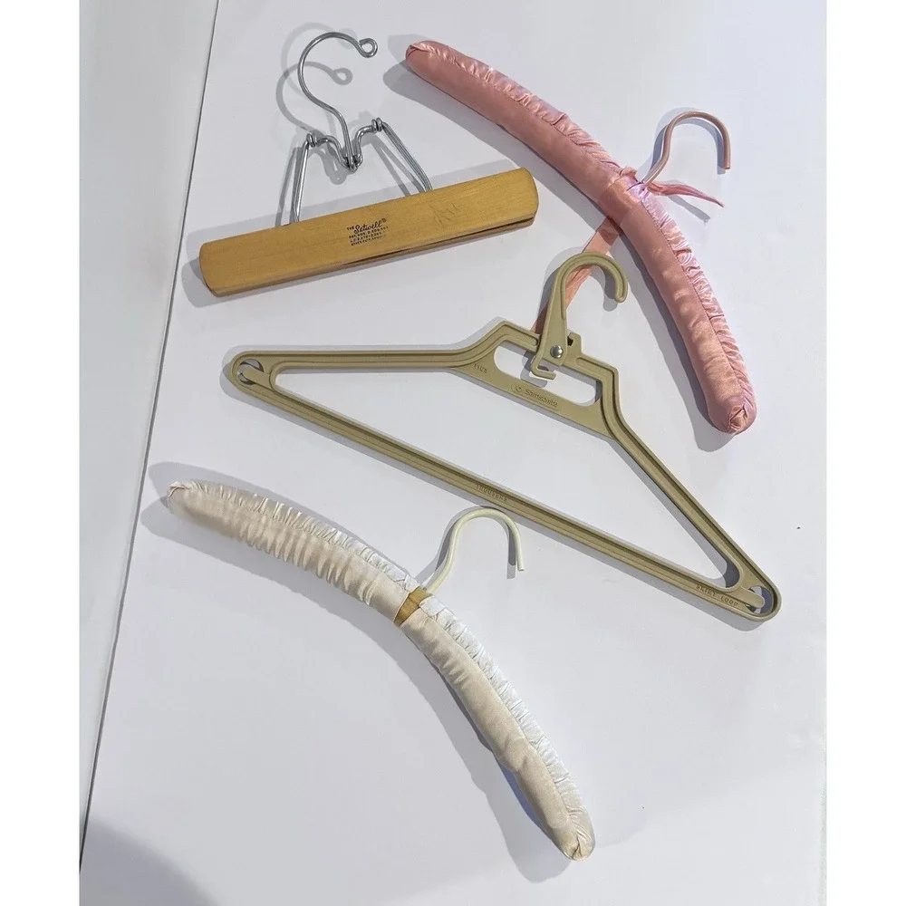 (4) Vintage Clothes Hangers, 1 Samsonite, 2 Satin Covered, 1 Wooden Clamp Hanger